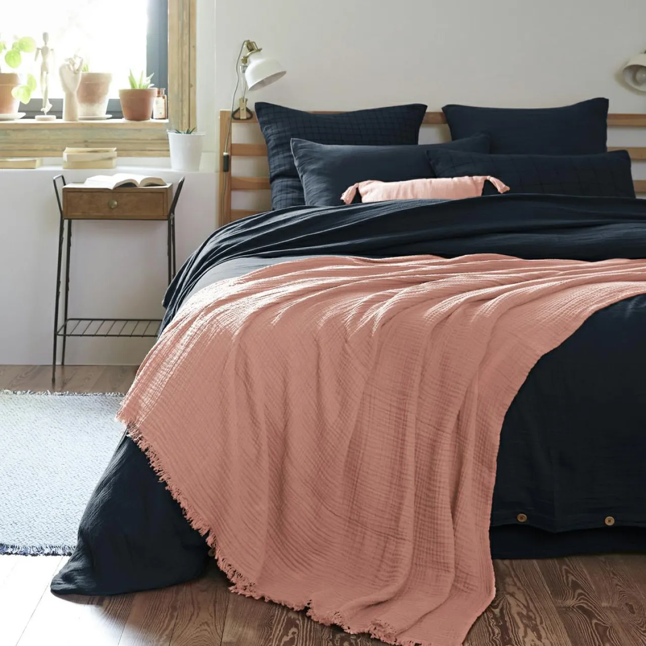 Plaid Et Jeté|Couvre-Lit Et Édredon|EMINZA Plaid gaze de coton (180 x 220 cm) Gaïa Rose Pêche