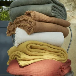 Plaid Et Jeté|Couvre-Lit Et Édredon|EMINZA Plaid gaze de coton (180 x 220 cm) Gaïa Rose Pêche