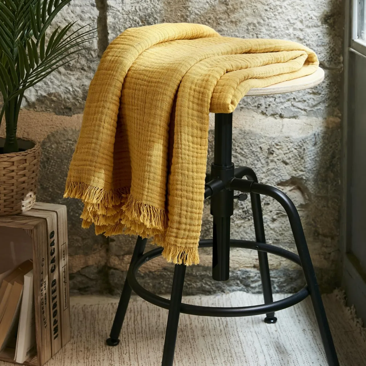 Plaid Et Jeté|Couvre-Lit Et Édredon|EMINZA Plaid gaze de coton (130 x 160 cm) Gaïa Jaune safran