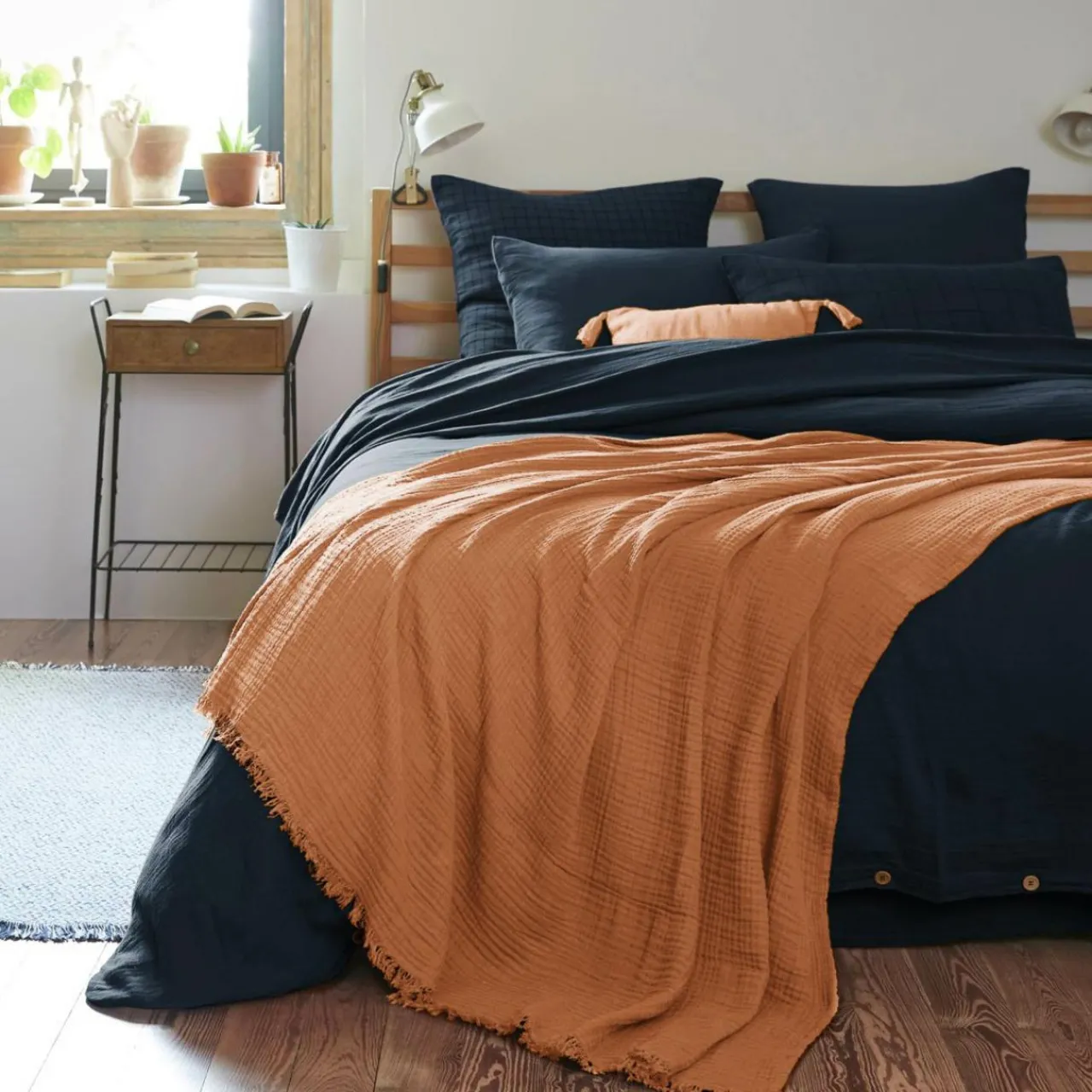 Plaid Et Jeté|EMINZA Plaid gaze de coton (180 x 220 cm) Gaïa Abricot