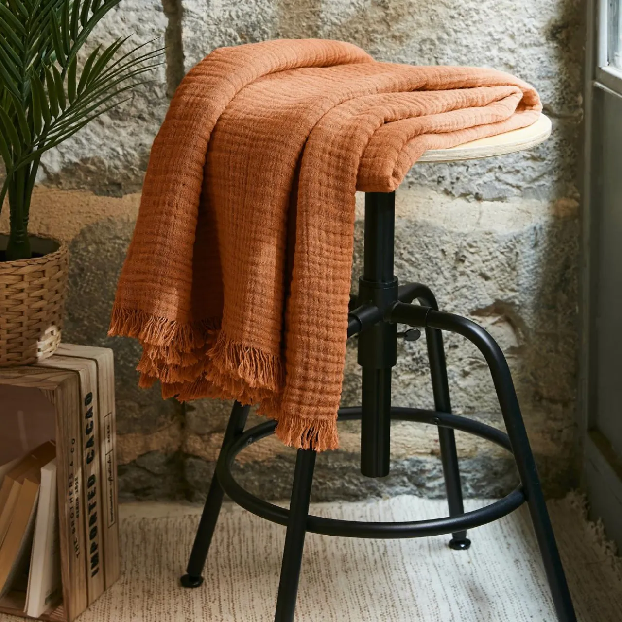 Plaid Et Jeté|EMINZA Plaid gaze de coton (130 x 160 cm) Gaïa Abricot