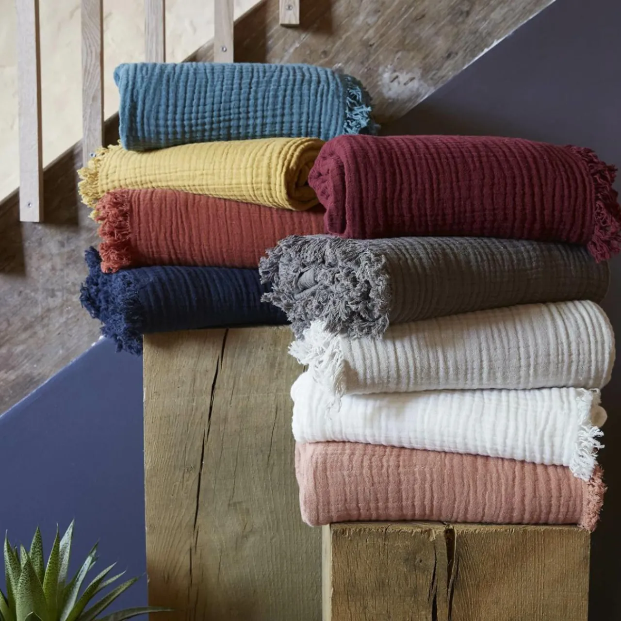 Plaid Et Jeté|Couvre-Lit Et Édredon|EMINZA Plaid gaze de coton (130 x 160 cm) Gaïa pampa Beige