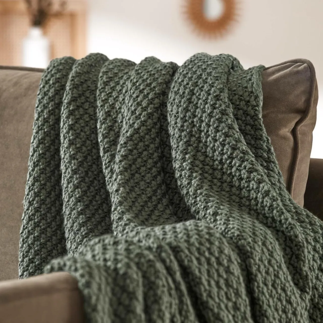 Plaid Et Jeté|EMINZA Plaid tricot (125 x 150 cm) Tessa Vert kaki