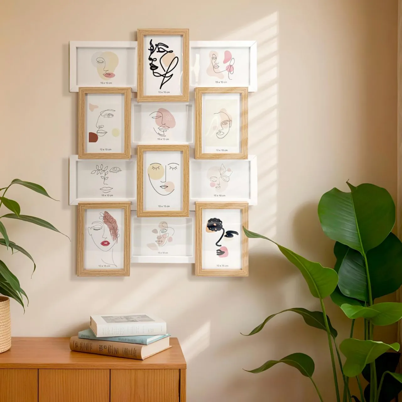 Toile, Cadre, Déco Murale|EMINZA Pêle-mêle mural 12 photos bois (H59 cm) Zola Beige