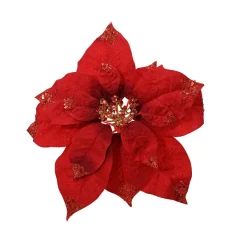 Décoration De Sapin|KAEMINGK Poinsettia de Noël sur clip (D25 cm) Velours scintillant Bordeaux