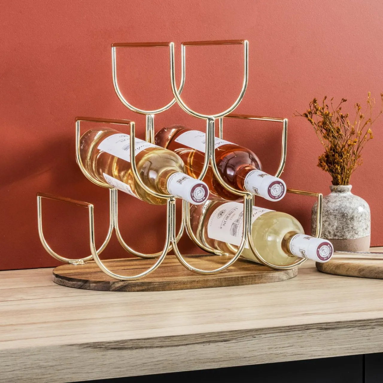 Range Bouteilles|EMINZA Pte-bouteilles bois et métal 6 emplacements (H30 cm) Théo Or