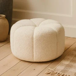 Pouf, Tabouret|OSTARIA Pouf rond bouclette (D40 x H22 cm) polaire Blanc