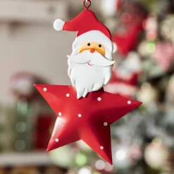 Décoration De Sapin|KAEMINGK Père Noël à suspendre en métal (H12 cm) Étoile et pois Rouge