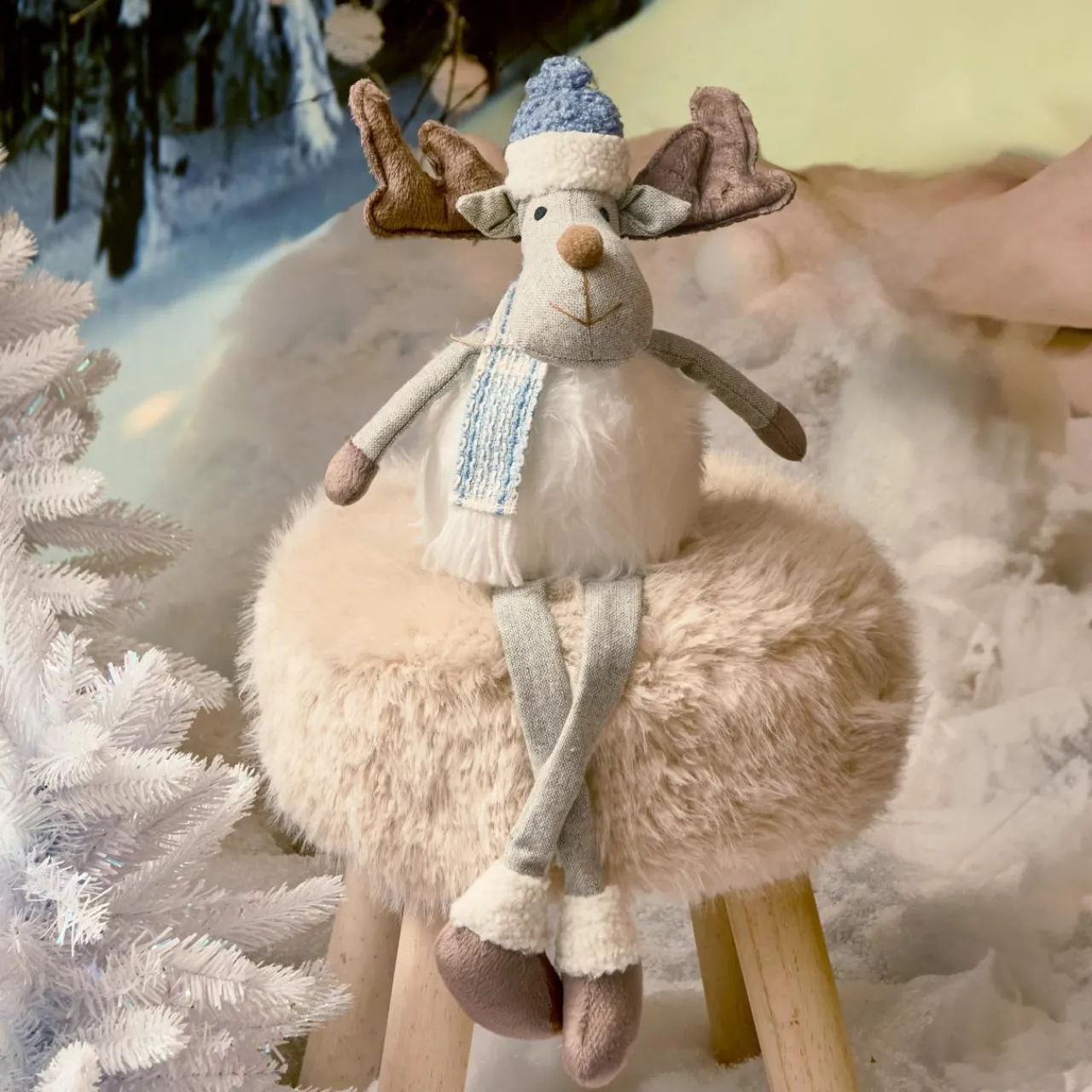 Père Noël, Animaux Et Personnage|KAEMINGK Renne de Noël jambes souples (H51 cm) Stan et fourrure blanche Gris