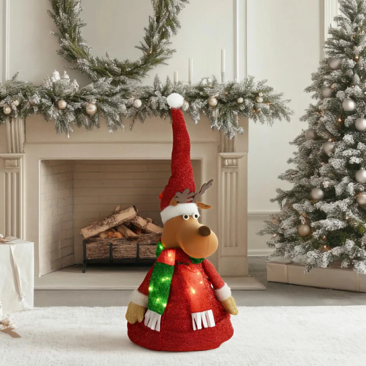 Personnage, Objet Grand Format|Père Noël, Animaux Et Personnage|KOOPMAN Renne lumineux à piles (H140 cm) Pliable pailleté Rouge