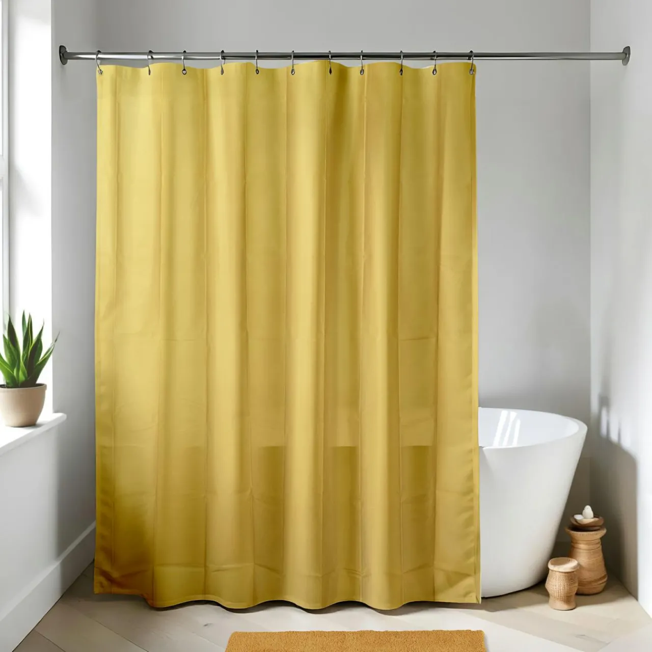 Accessoire Salle De Bain|Rideau De Douche|TENDANCE Rideau de douche à anneaux (180 x 200 cm) Uni Jaune moutarde