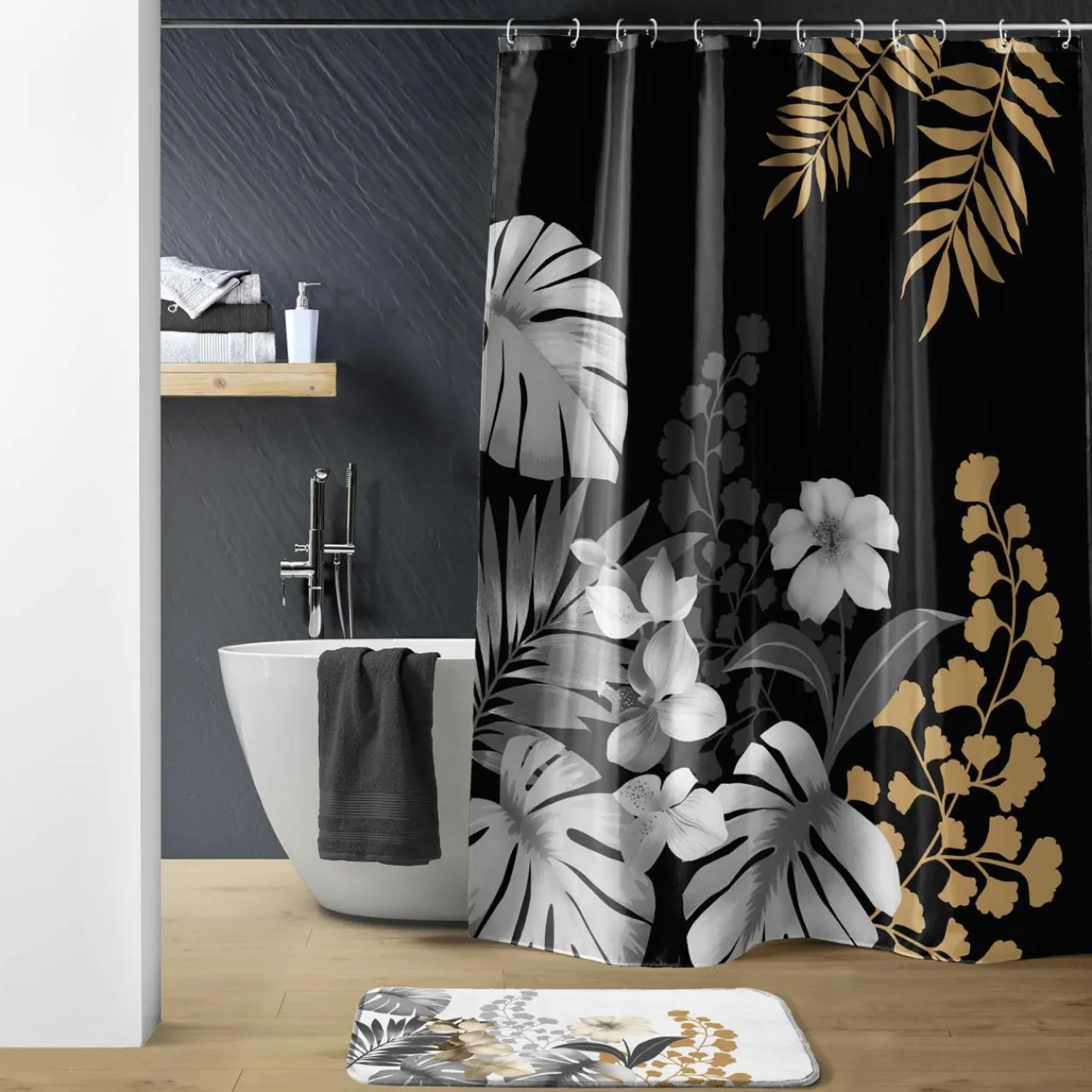 Accessoire Salle De Bain|Rideau De Douche|douceur d'intu017drieur Rideau de douche à anneaux (180 x 200 cm) Kelly Noir