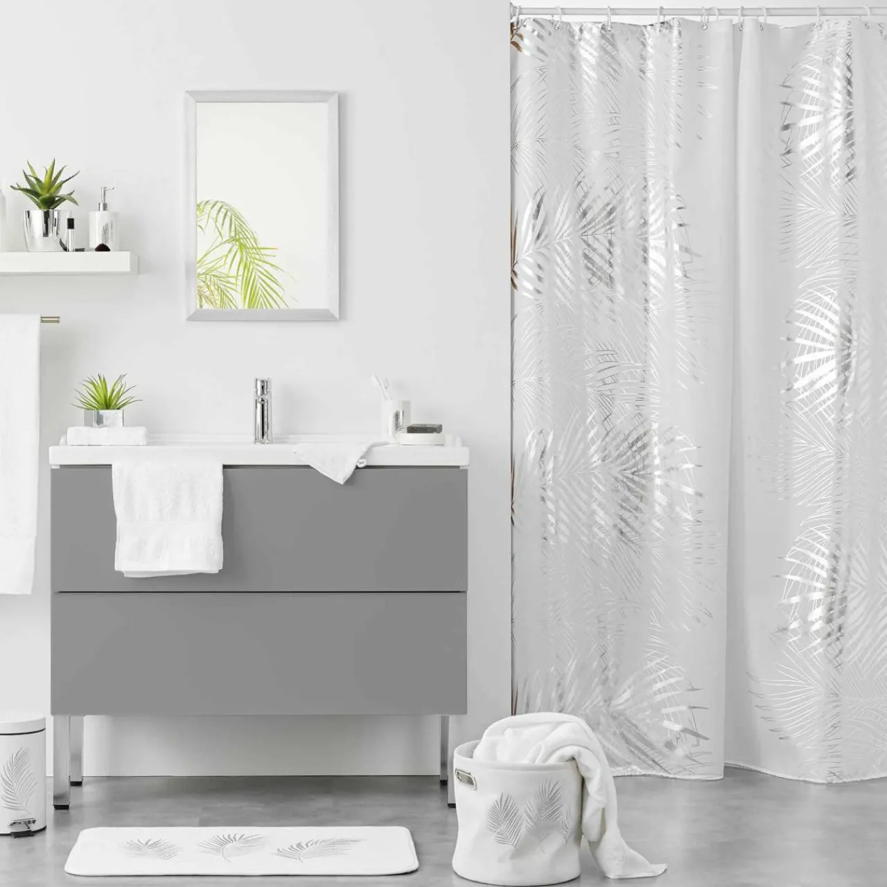 Accessoire Salle De Bain|Rideau De Douche|DOUCEUR D'INTERIEUR Rideau de douche (200 cm) Orbella et argent Blanc