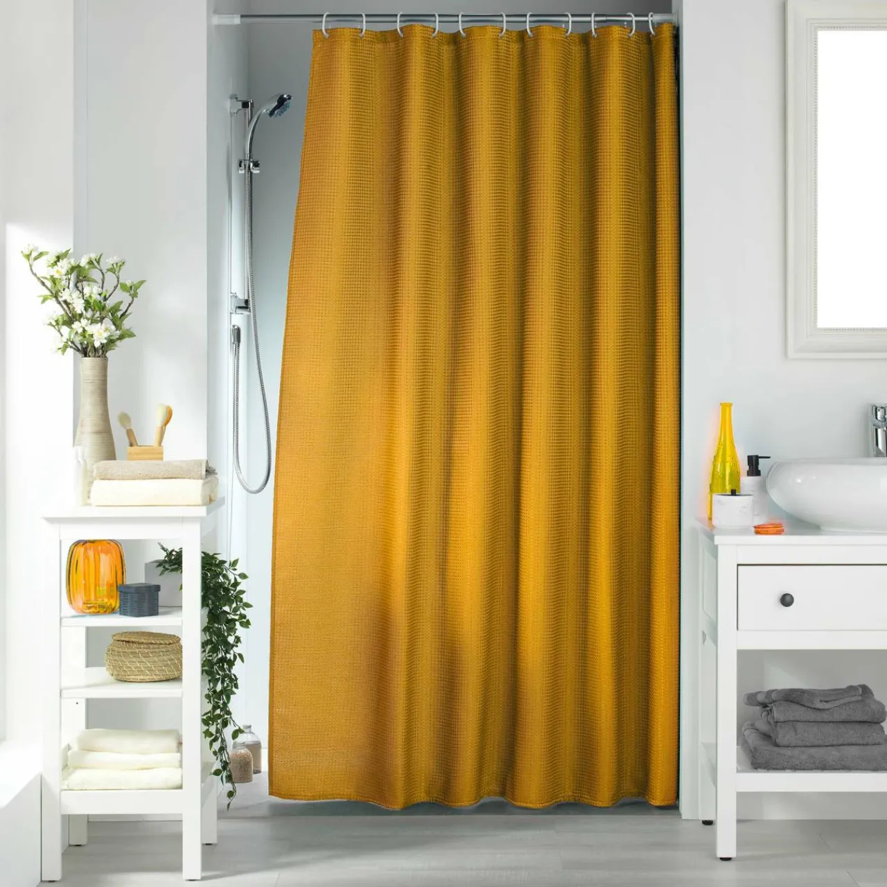 Accessoire Salle De Bain|Rideau De Douche|douceur d'intu017drieur Rideau de douche effet tissé à anneaux (180 x 200 cm) Quartz Jaune ocre