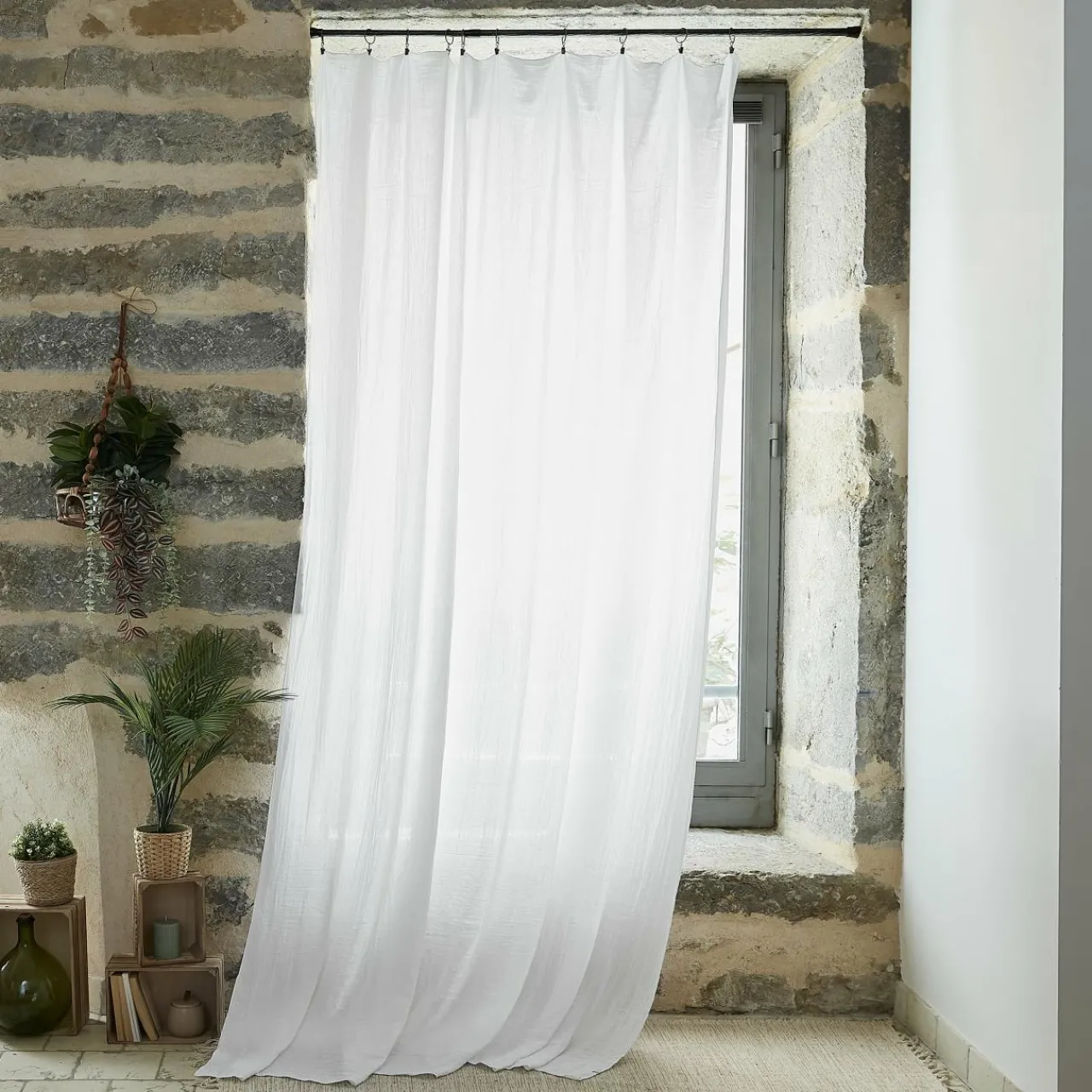 Rideau|EMINZA Rideau gaze de coton ajustable (180 x max 300 cm) Gaïa chantilly Blanc