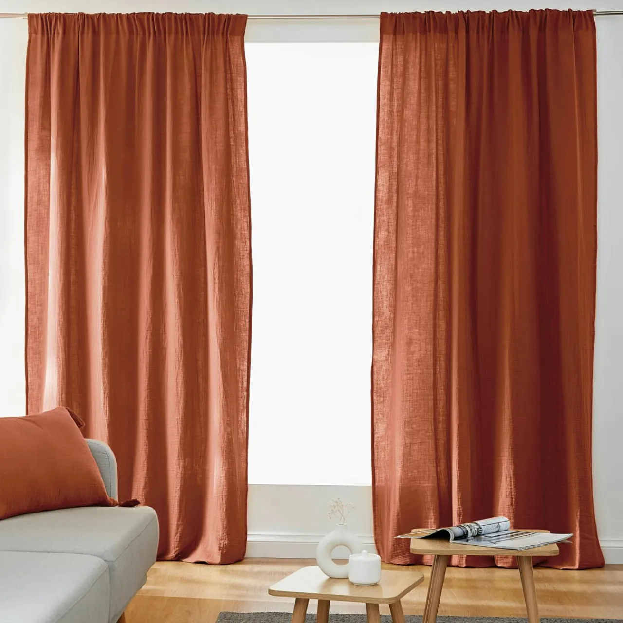 Rideau|EMINZA Rideau gaze de coton galon fronceur (140 x 240 cm) Gaïa Terracotta