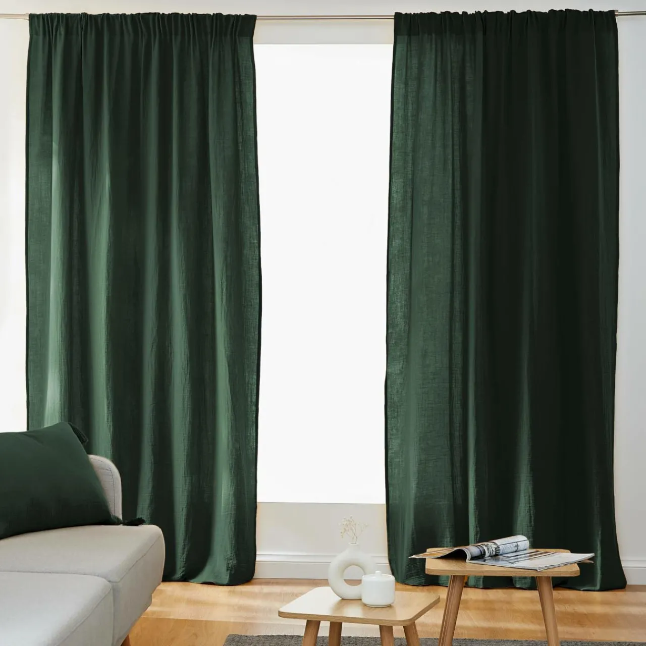 Rideau|EMINZA Rideau gaze de coton galon fronceur (140 x 240 cm) Gaïa Vert sapin