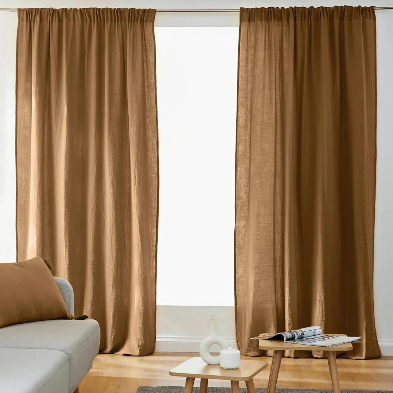 Rideau|EMINZA Rideau gaze de coton galon fronceur (140 x 240 cm) Gaïa Camel