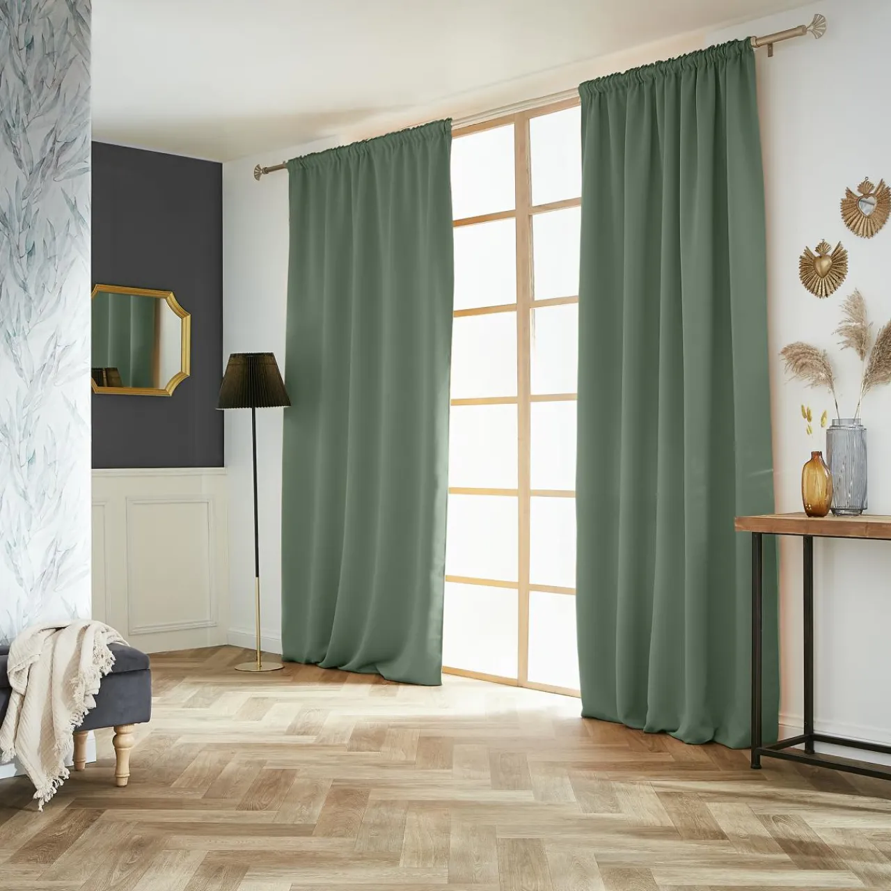 Rideau|EMINZA Rideau obscurcissant galon fronceur (140 x 260 cm) Dark Vert romarin
