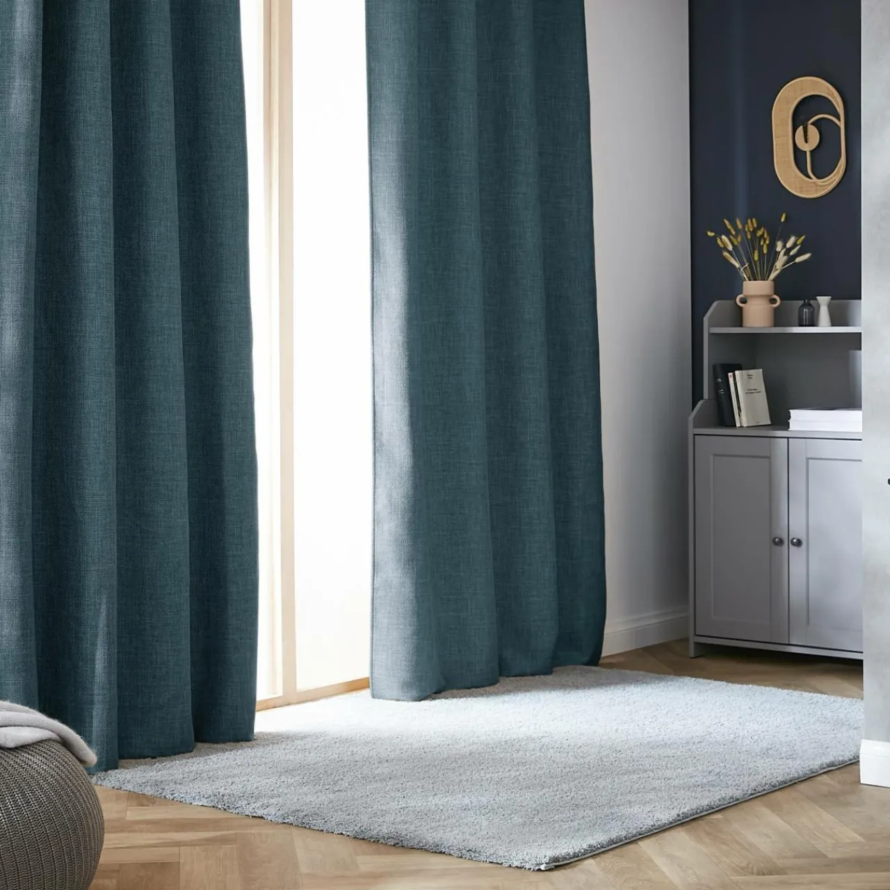 Rideau Thermique|Rideau|EMINZA Rideau obscurcissant thermique galon fronceur (180 x 260 cm) Alba Bleu