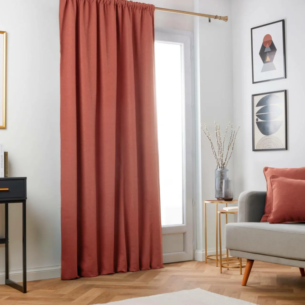 Rideau|EMINZA Rideau obscurcissant thermique galon fronceur (140 x 240 cm) Minuit Terracotta