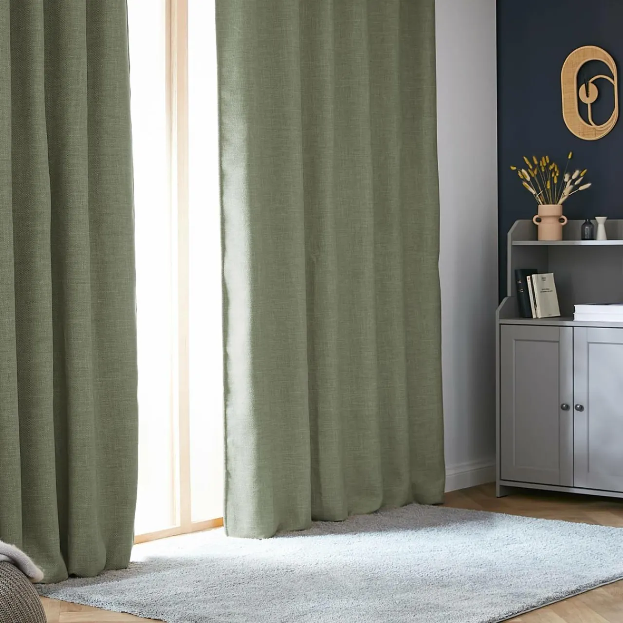 Rideau Thermique|Rideau|EMINZA Rideau obscurcissant thermique galon fronceur (140 x 240 cm) Alba Vert romarin