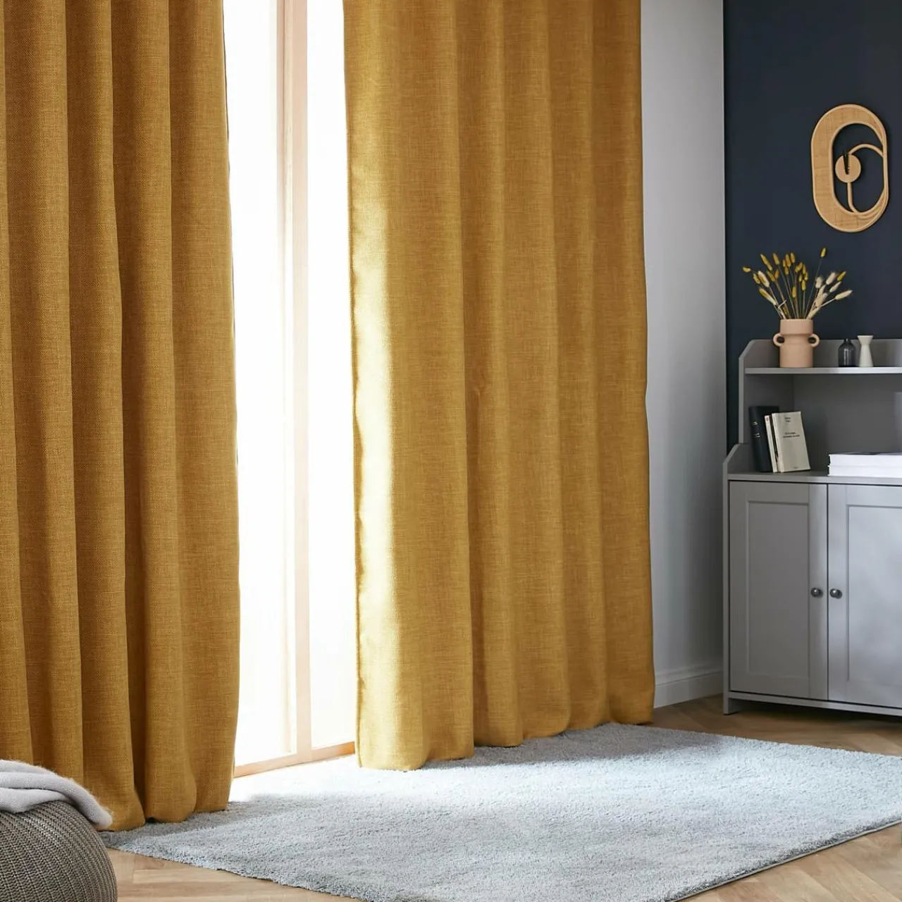 Rideau Thermique|Rideau|EMINZA Rideau obscurcissant thermique galon fronceur (140 x 240 cm) Alba Jaune moutarde