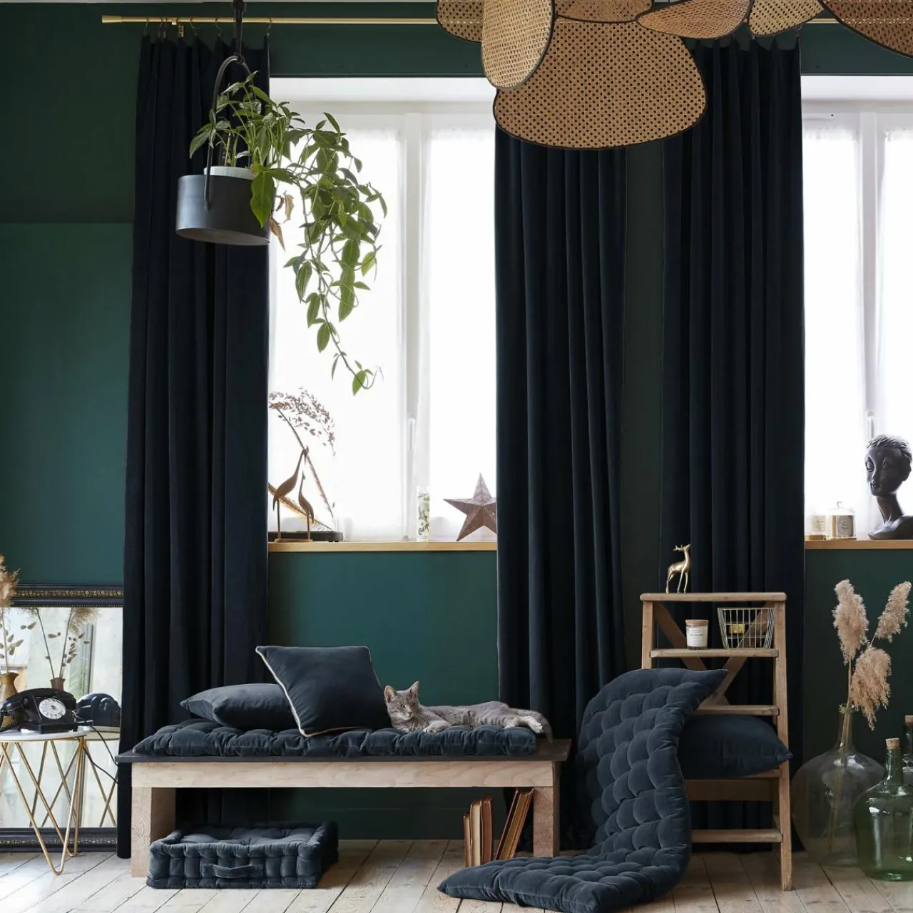 Rideau|EMINZA Rideau velours de coton ajustable (140 x max 270 cm) Victor Bleu nuit