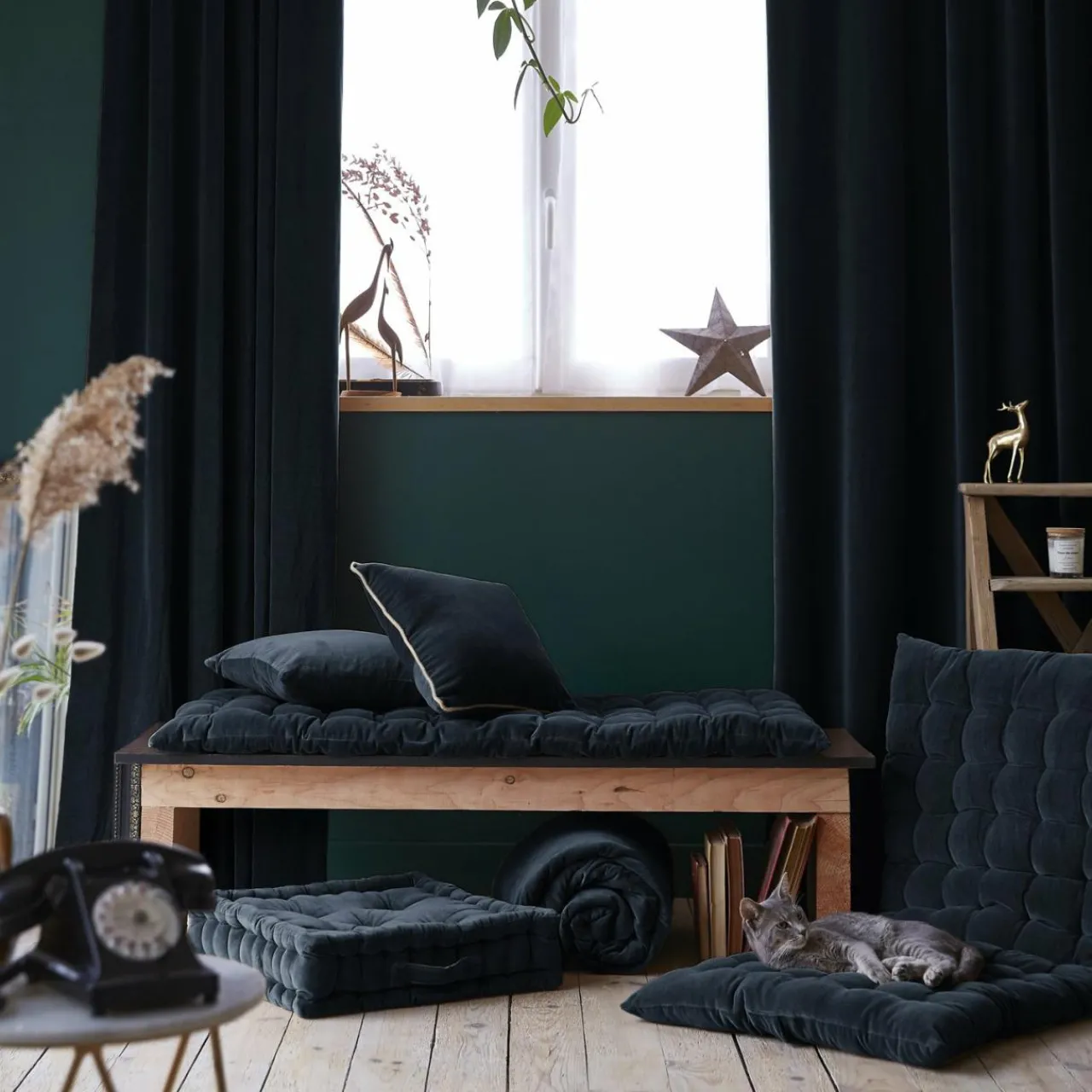 Rideau|EMINZA Rideau velours de coton ajustable (140 x max 270 cm) Victor Bleu nuit