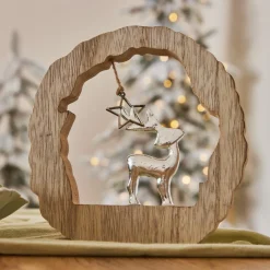 Déco Et Objet De Noël|KAEMINGK Rondin en bois (H14 cm) Renne et étoile Bois blond Naturel