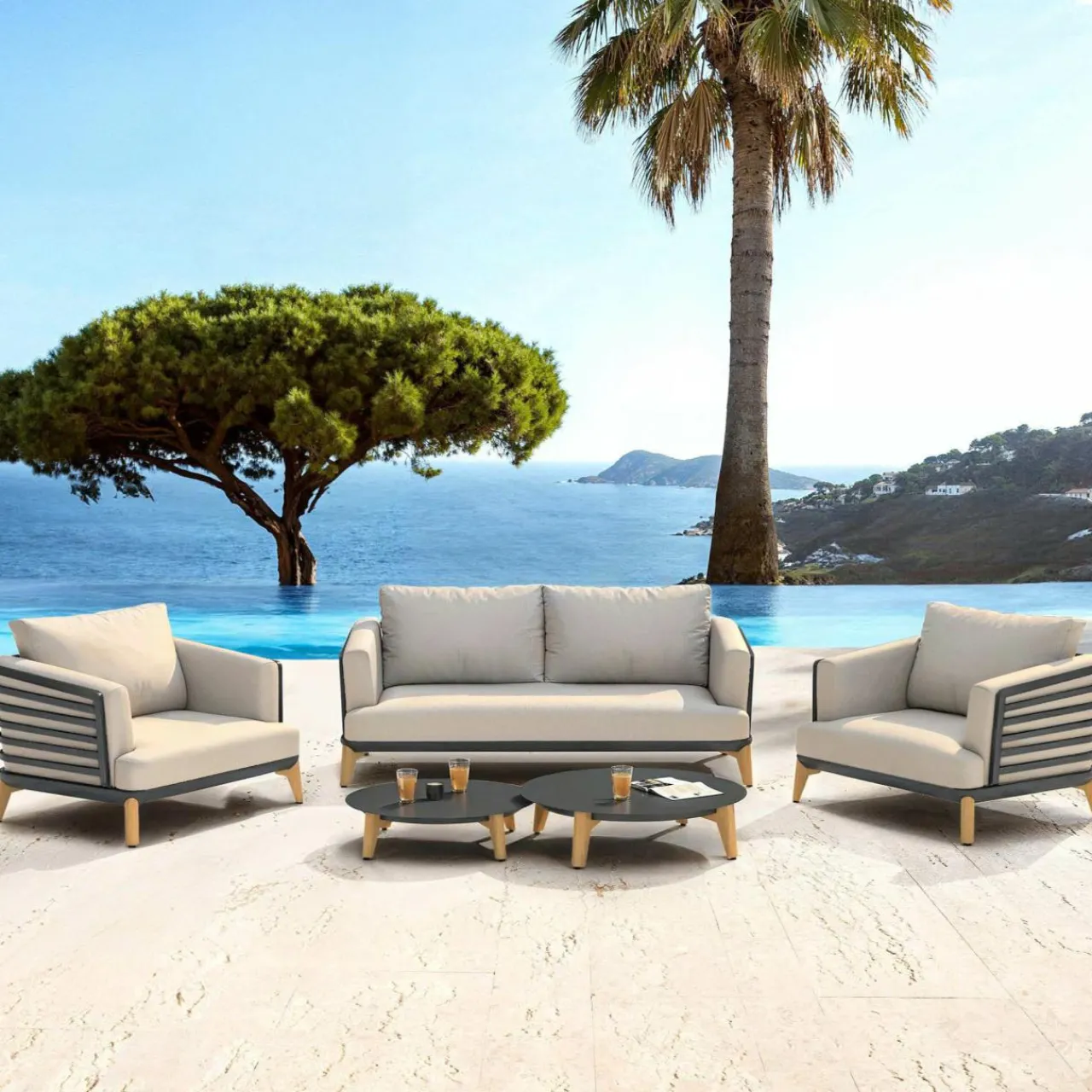 Salon De Jardin|MOBELLIA Salon de jardin aluminium 4 places 5 pcs Monte Carlo Gris anthracite et taupe Anthracite - Taupe