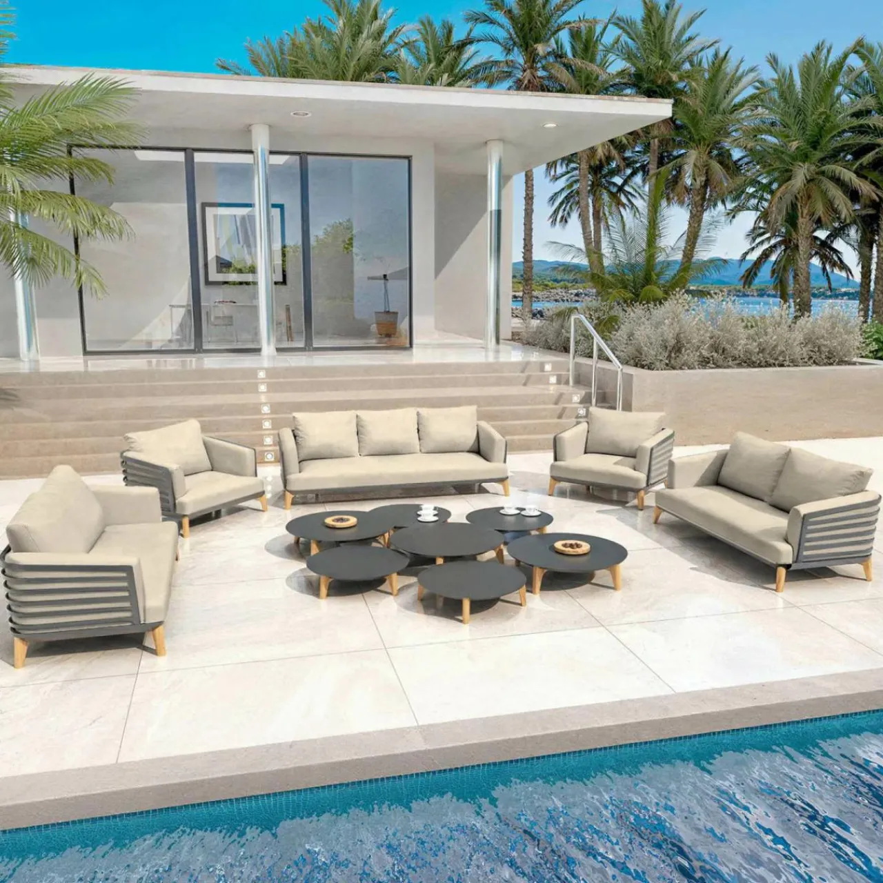 Salon De Jardin|MOBELLIA Salon de jardin aluminium 9 places 12 pcs Monte Carlo Gris anthracite et taupe Anthracite - Taupe