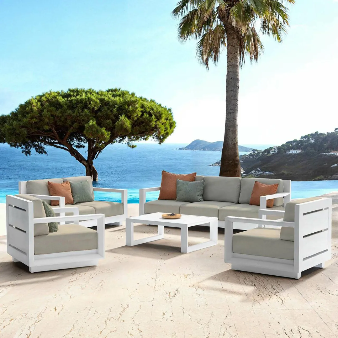 Salon De Jardin|MOBELLIA Salon de jardin aluminium 7 places 5 pcs Elba Blanc et taupe Blanc - Taupe