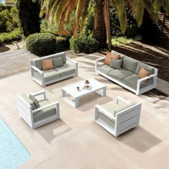 Salon De Jardin|MOBELLIA Salon de jardin aluminium 7 places 5 pcs Elba Blanc et taupe Blanc - Taupe