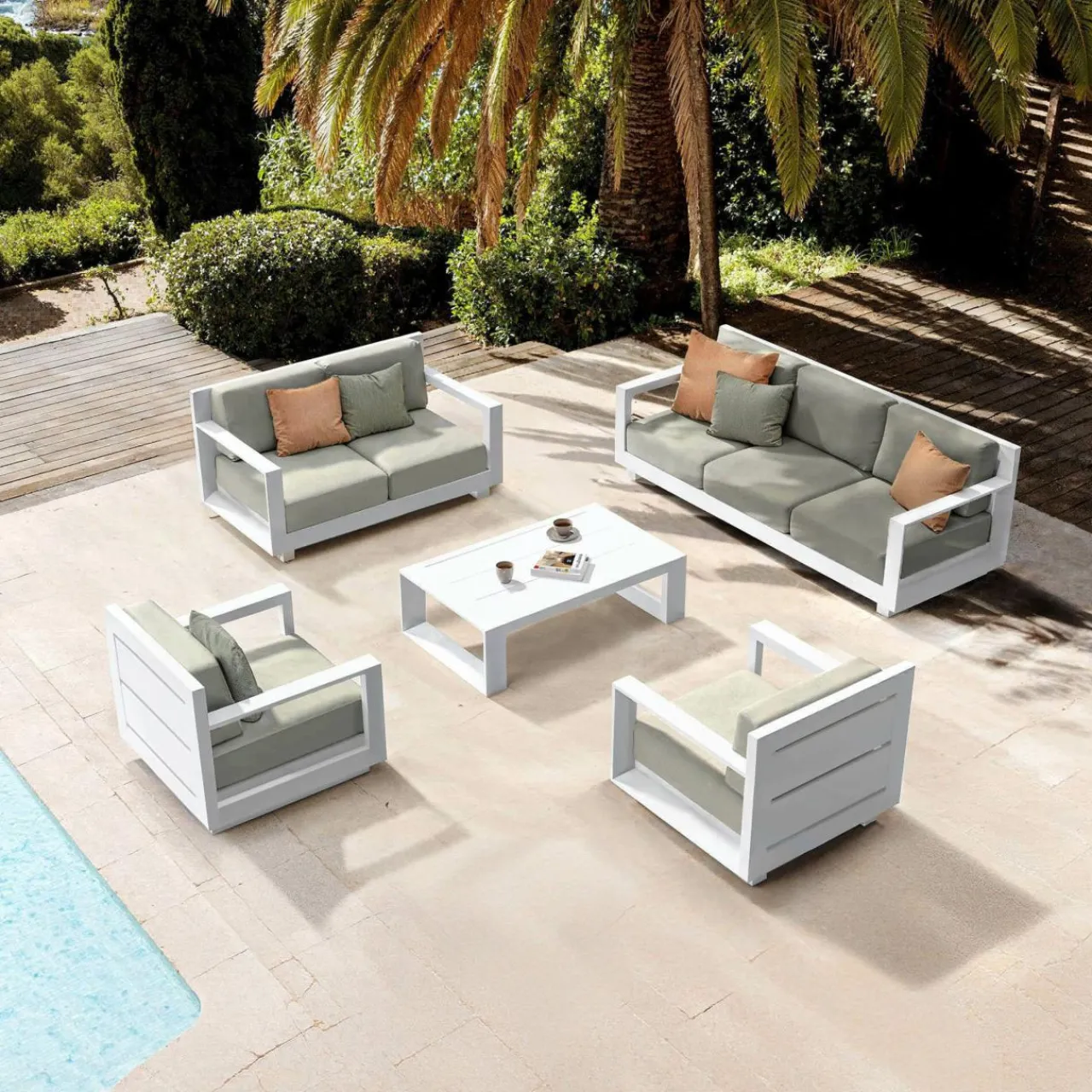 Salon De Jardin|MOBELLIA Salon de jardin aluminium 7 places 5 pcs Elba Blanc et taupe Blanc - Taupe