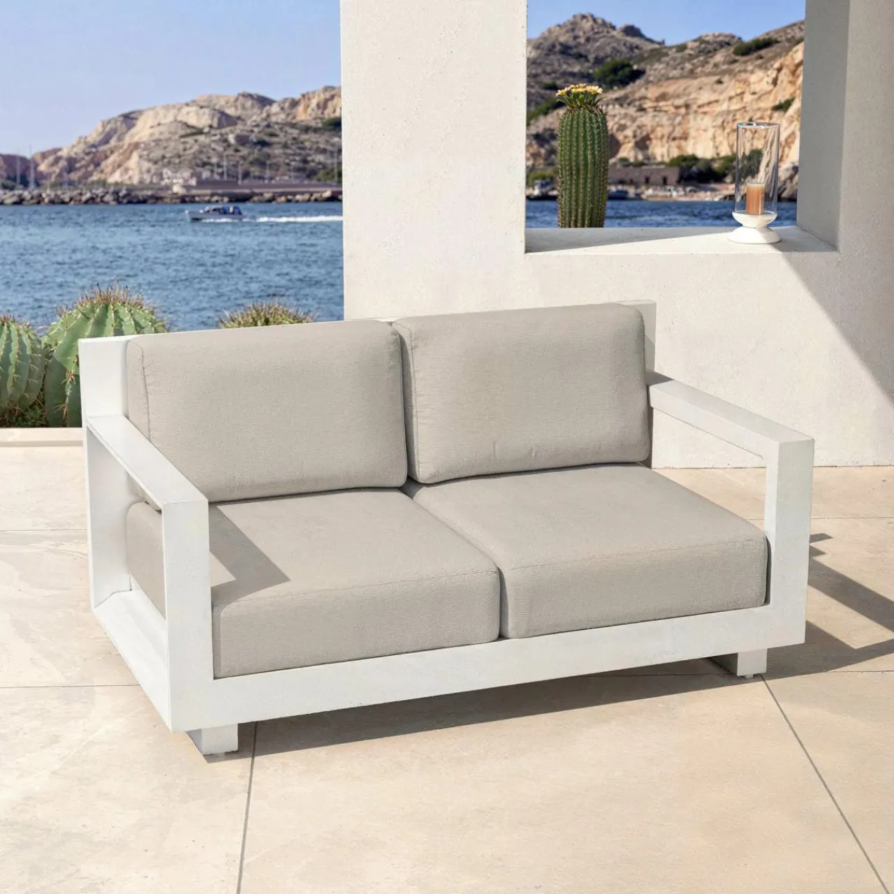 Salon De Jardin|MOBELLIA Salon de jardin aluminium 7 places 5 pcs Elba Blanc et taupe Blanc - Taupe
