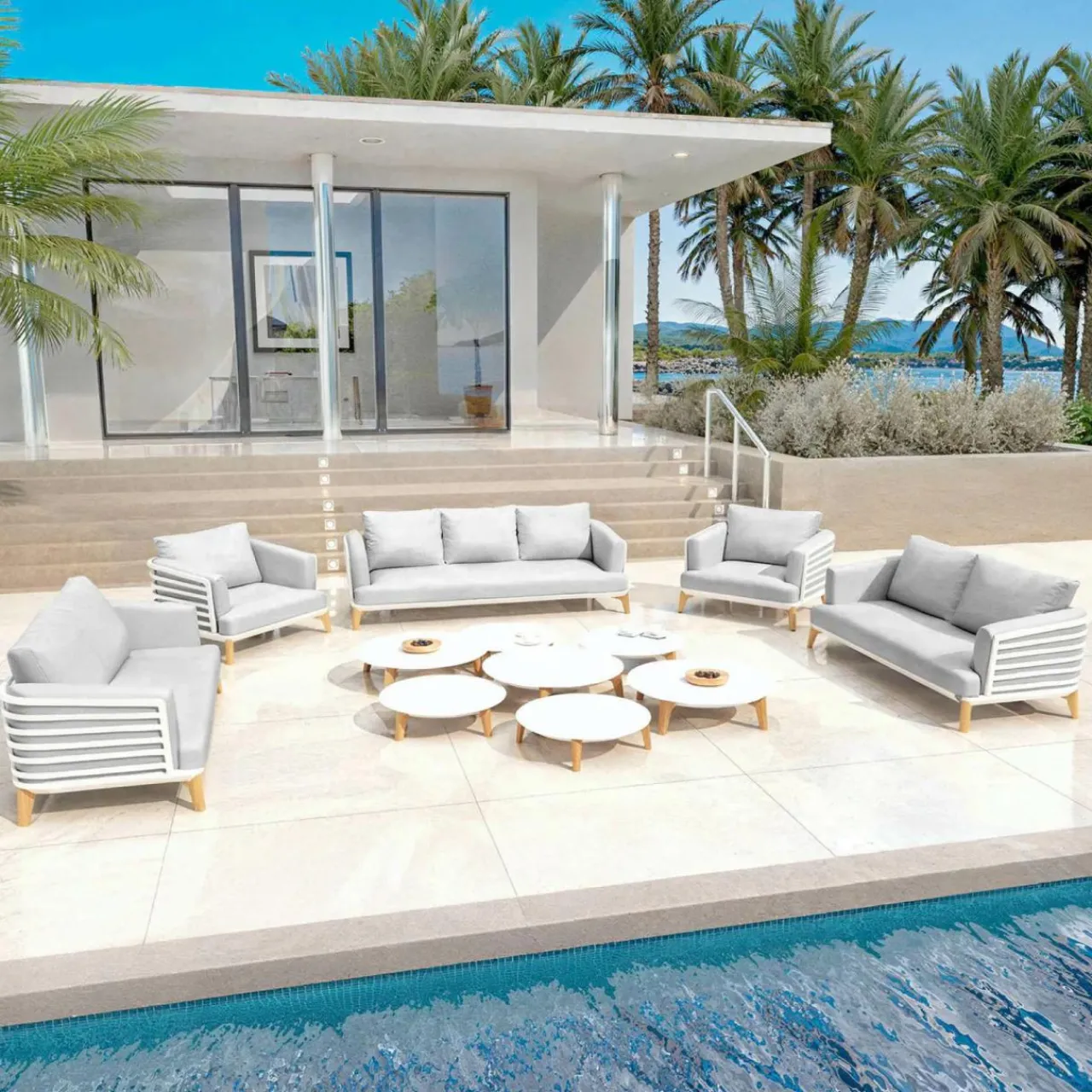 Salon De Jardin|MOBELLIA Salon de jardin aluminium 9 places 12 pcs Monte Carlo Blanc et gris clair Blanc - Gris Clair