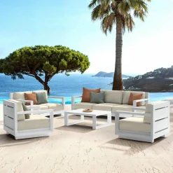 Salon De Jardin|MOBELLIA Salon de jardin aluminium 7 places 5 pcs Elba Blanc et beige Blanc - Beige