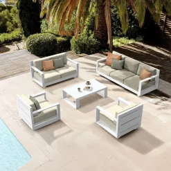 Salon De Jardin|MOBELLIA Salon de jardin aluminium 7 places 5 pcs Elba Blanc et beige Blanc - Beige