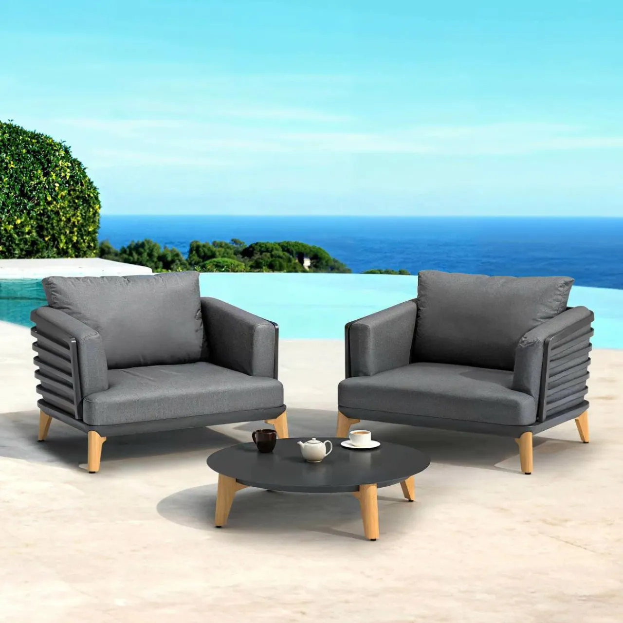Salon De Jardin|Salon De Balcon|MOBELLIA Salon de jardin aluminium 2 places 3 pcs Monte Carlo Gris Anthracite