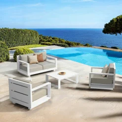 Salon De Jardin|MOBELLIA Salon de jardin aluminium 4 places 4 pcs Elba Blanc et taupe Blanc - Taupe