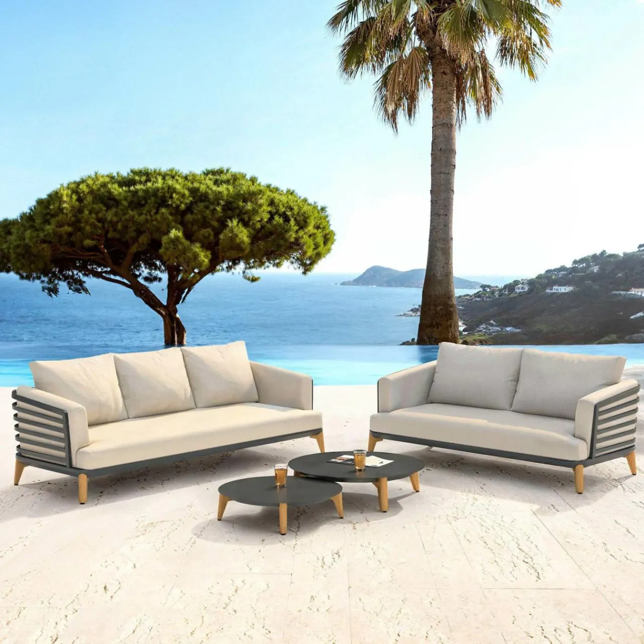 Salon De Jardin|MOBELLIA Salon de jardin aluminium 5 places 4 pcs Monte Carlo Gris anthracite et taupe Anthracite - Taupe