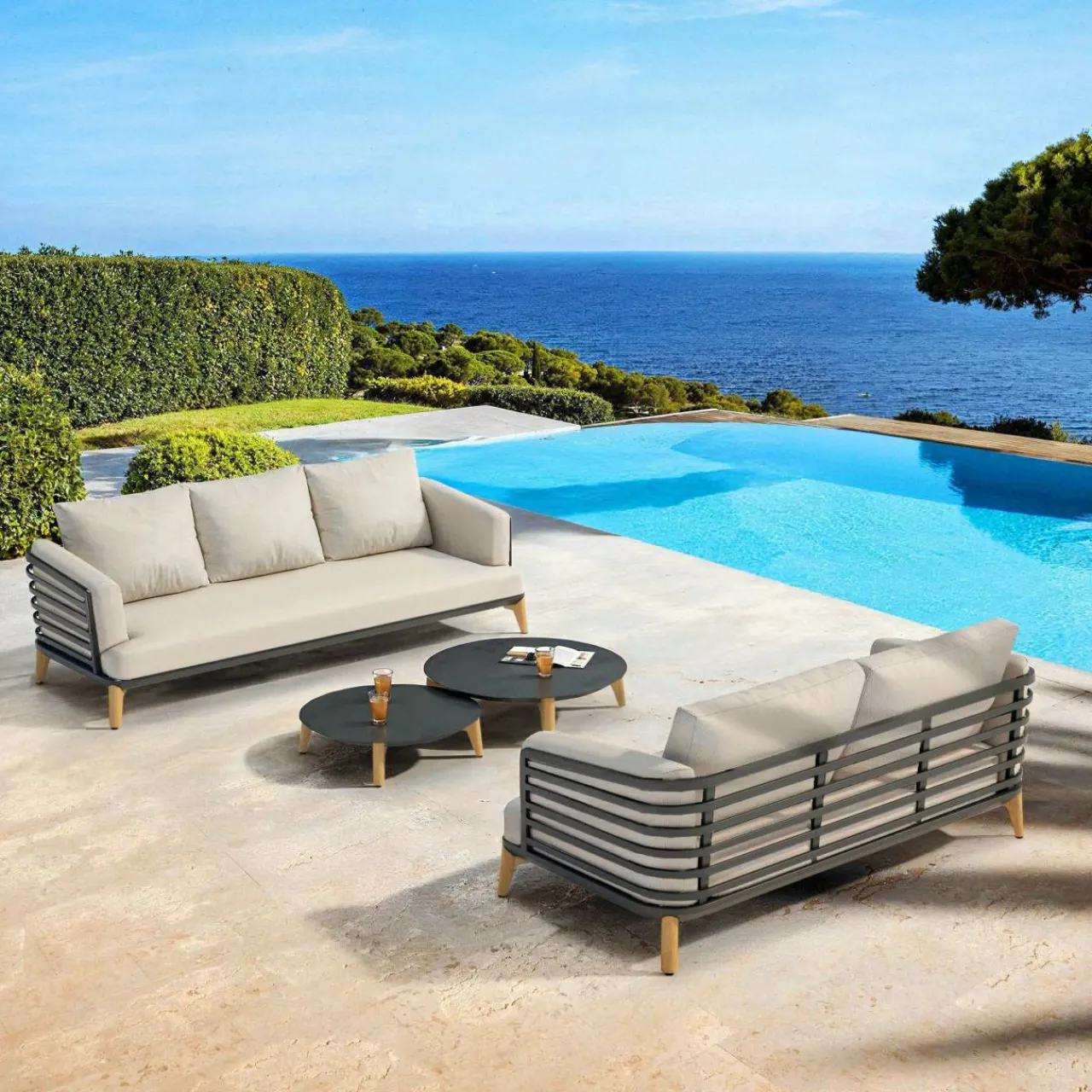 Salon De Jardin|MOBELLIA Salon de jardin aluminium 5 places 4 pcs Monte Carlo Gris anthracite et taupe Anthracite - Taupe