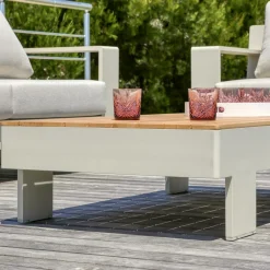 Salon De Jardin|MOBELLIA Salon de jardin aluminium et bois teck 5 places Antibes Crème Beige