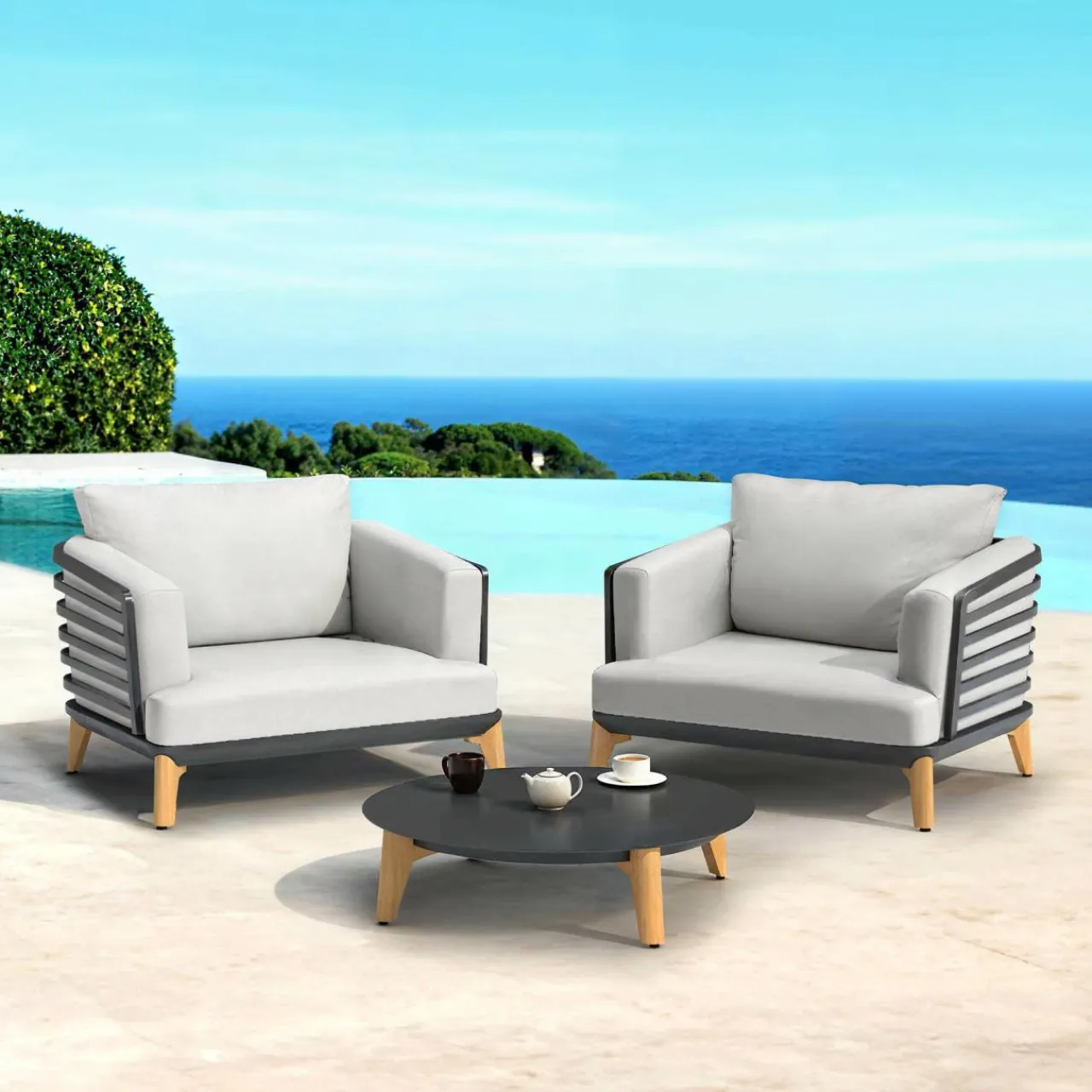 Salon De Balcon|Salon De Jardin|MOBELLIA Salon de jardin aluminium 2 places 3 pcs Monte Carlo Gris anthracite et gris clair Anthracite - Gris Clair