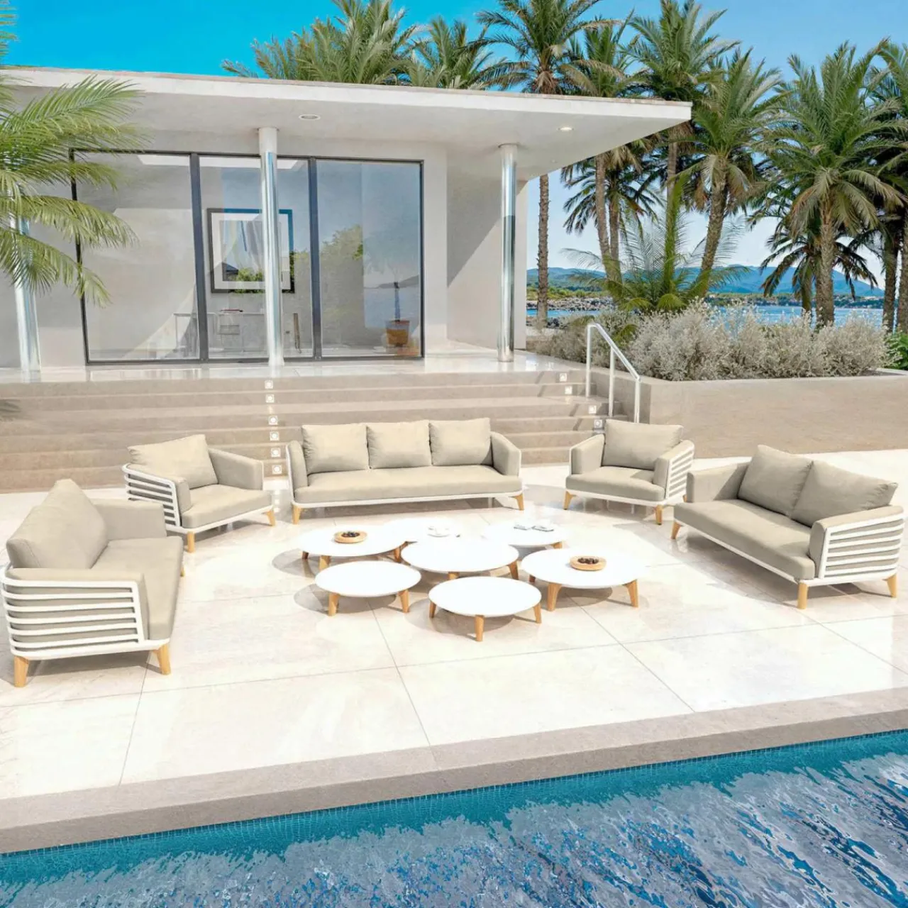 Salon De Jardin|MOBELLIA Salon de jardin aluminium 9 places 12 pcs Monte Carlo Blanc et taupe Blanc - Taupe