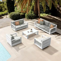 Salon De Jardin|MOBELLIA Salon de jardin aluminium 7 places 5 pcs Elba Blanc et gris clair Blanc - Gris Clair