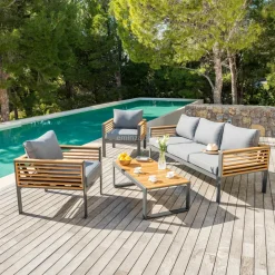 Salon De Jardin|MOBELLIA Salon de jardin aluminium et bois teck 5 places Bali Gris et ardoise Anthracite