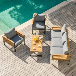 Salon De Jardin|MOBELLIA Salon de jardin aluminium et bois teck 5 places Bali Gris et ardoise Anthracite