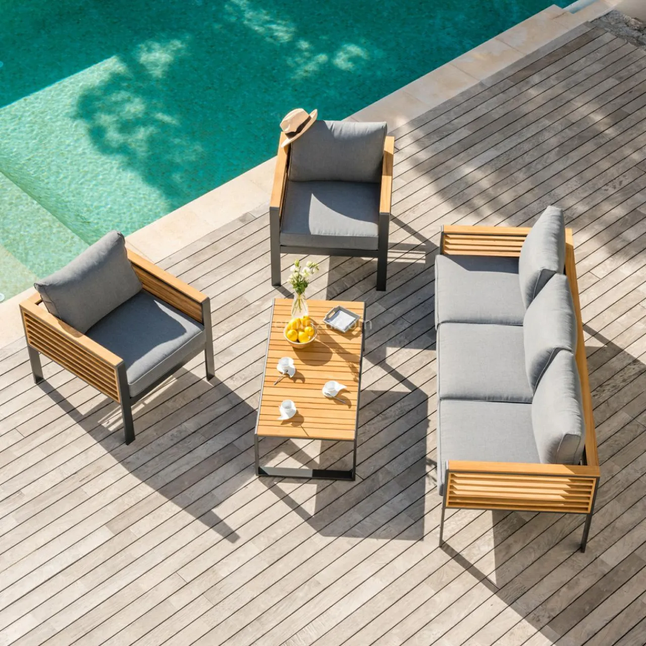 Salon De Jardin|MOBELLIA Salon de jardin aluminium et bois teck 5 places Bali Gris et ardoise Anthracite